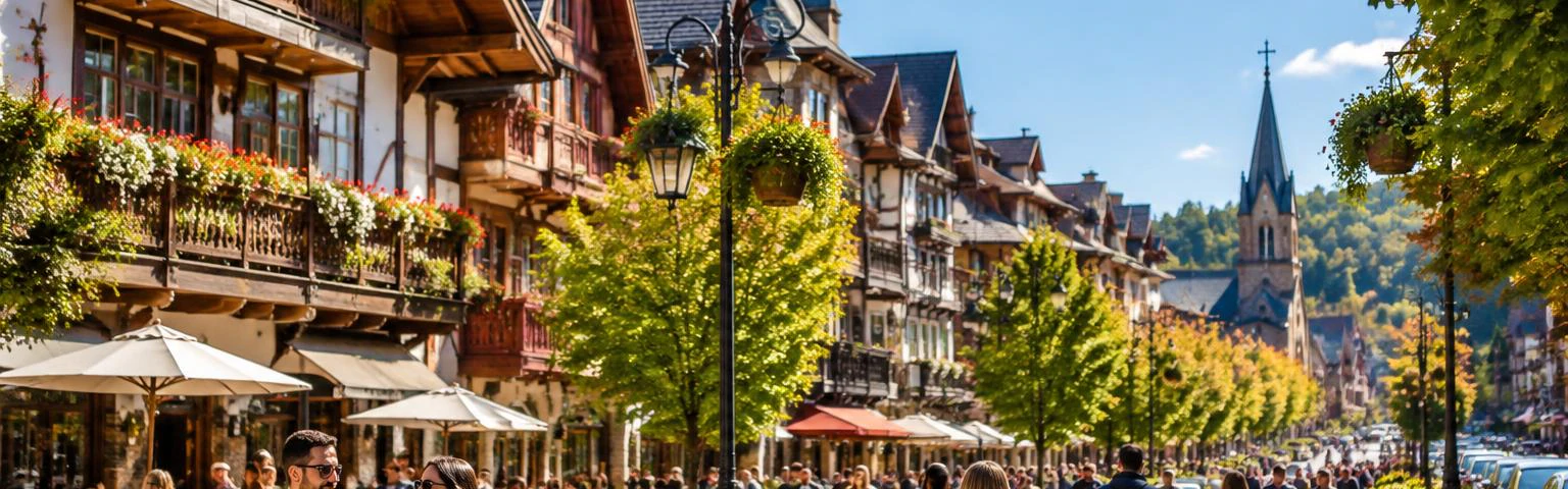 Rua arborizada com arquitetura típica e visitantes em Gramado